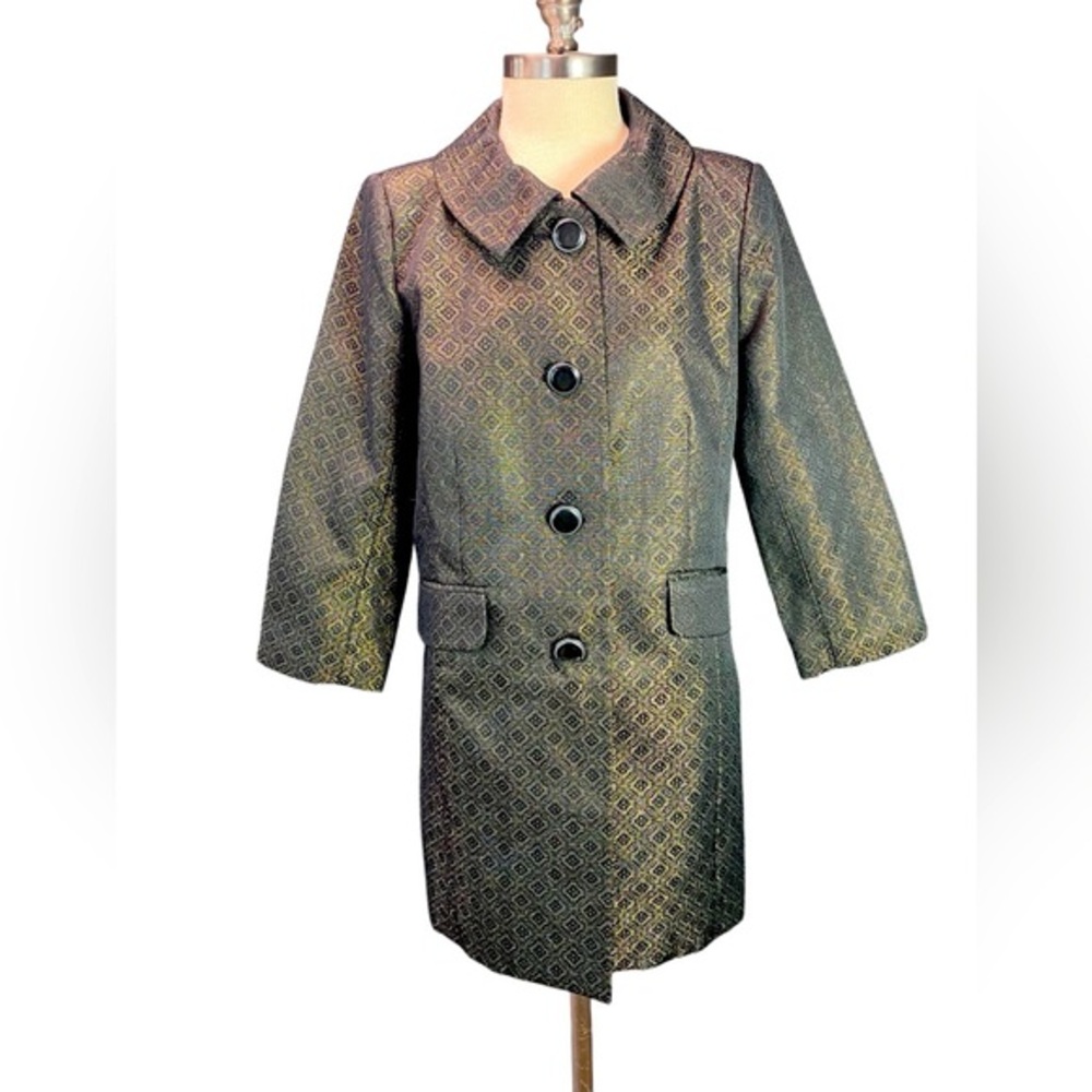 ELEGANT EUC Apostrophe LG Black/Gold Car Coat. Mid Length.